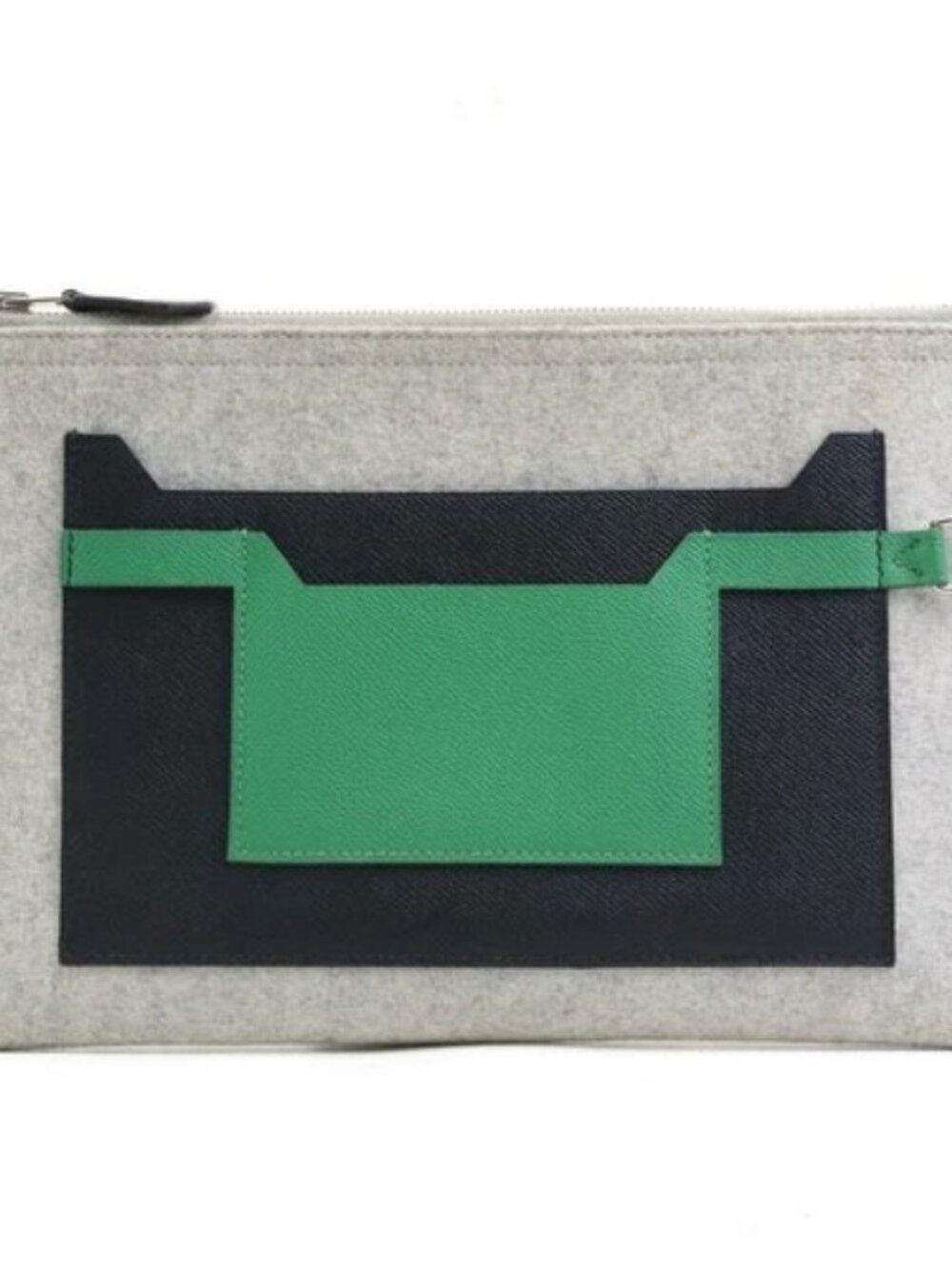 Auth HERMES Toodoo Clutch Bag Gray/Black/Green Felt/Leather/Silvertone - e60932a